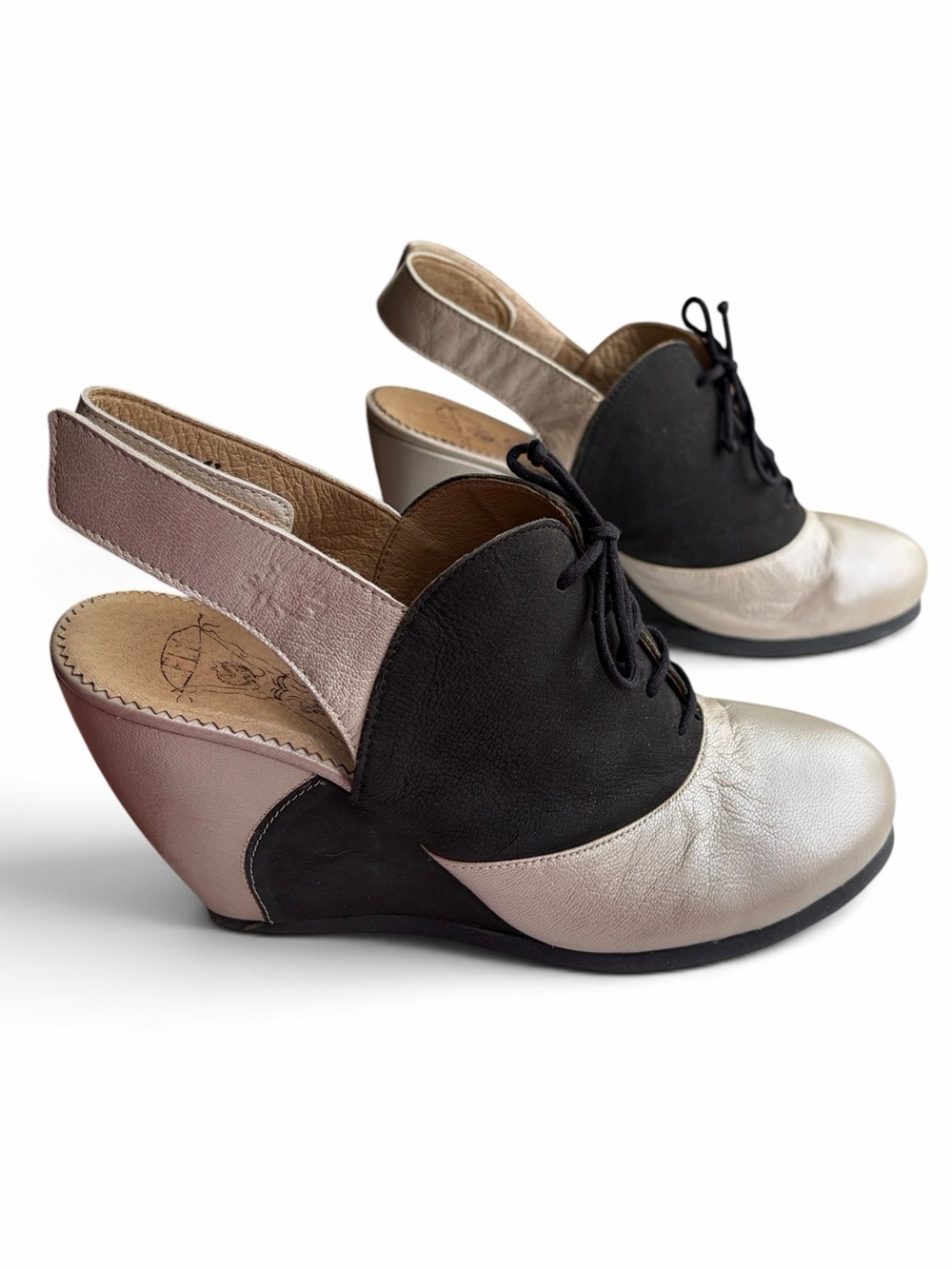 Fly London Saddle Shoe Wedge Sling Backs Two-tone Metallic Pearl and Black
